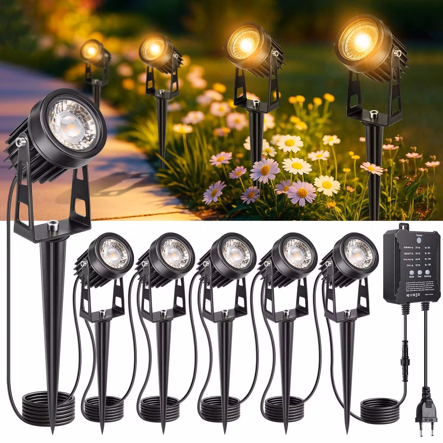 Set di 6 faretti da giardino a LED, 24 V, luce bianco caldo 3000 K, grado di protezione IP65, con sensore