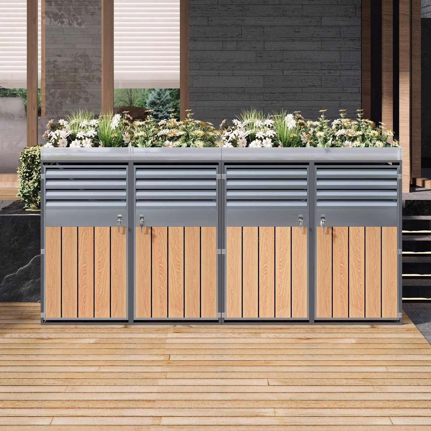 Armadio portarifiuti con fioriera integrata e serratura per 4 bidoni, L: 264 cm, P: 80 cm, H: 124,5 cm, Grigio e Colore naturale – 2