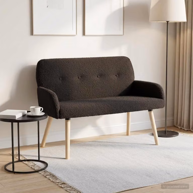 vidaXL Divano a 2 Posti Moderno in Bouclé Nero con Gambe in Legno L: 115 cm, P: 86 cm, H: 58 cm