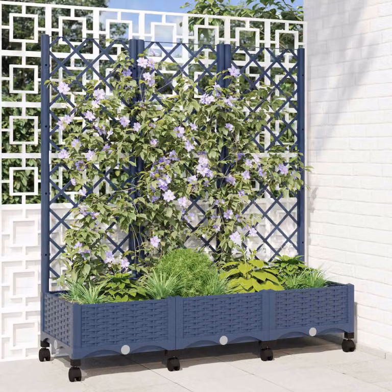 vidaXL Vaso da giardino con grigliato e ruote in plastica Blu Grigio L: 120 cm, P: 40 cm, H: 131,5 cm