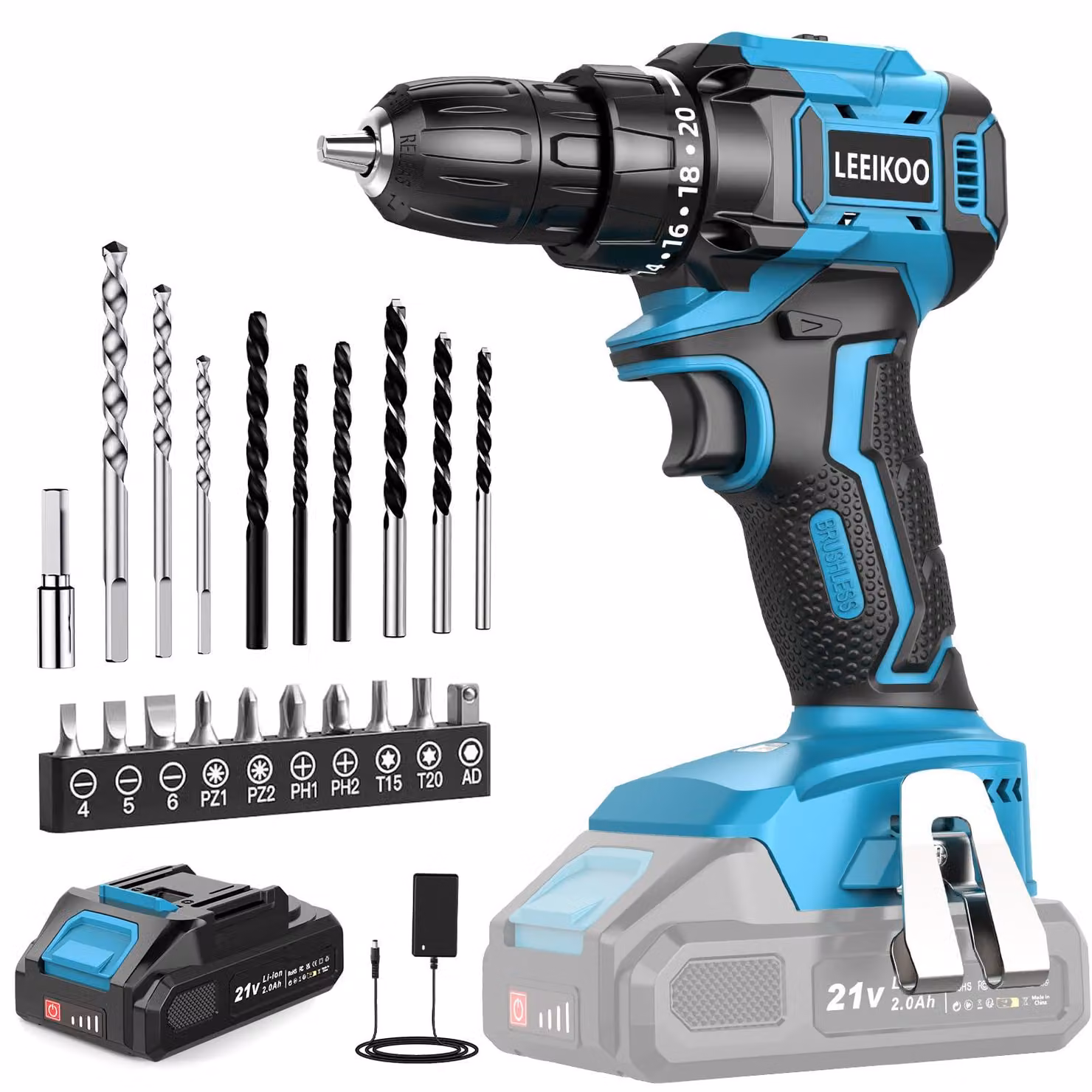 Trapano a batteria senza fili da 21V, con batteria da 2,0 Ah e 20 accessori