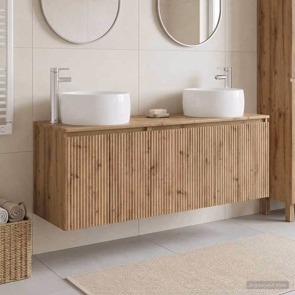 Set di 3 mobili da bagno vidaXL in legno e metallo marrone stile minimalista con base lavabo e pensili a muro