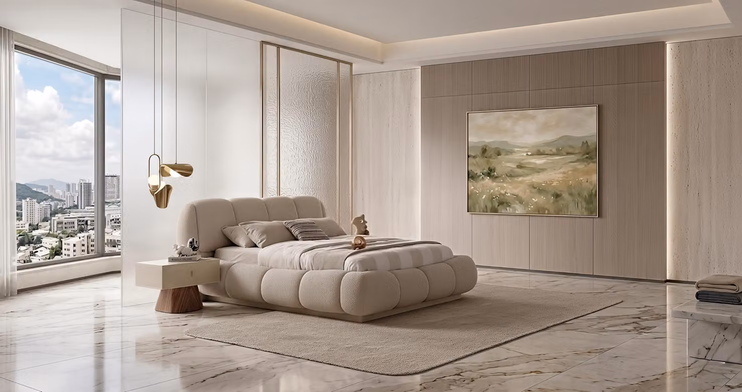 Set per camera da letto: letto, comodini, design moderno, beige, lusso, letto matrimoniale