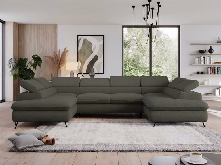 Divano ad angolo con contenitore, divano letto a U con funzione letto, poggiatesta regolabili - PEDRO U - Bouclé - Verde