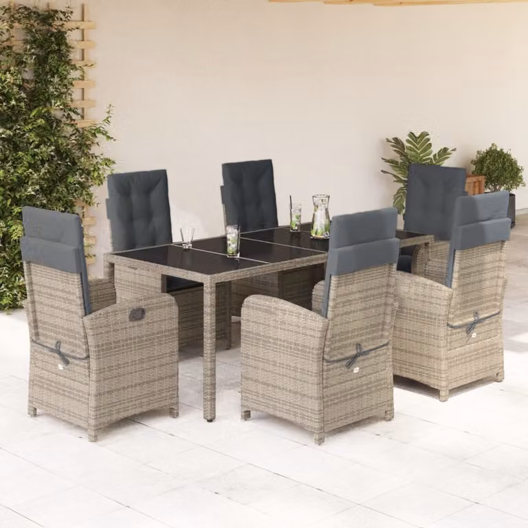 Set da pranzo da giardino vidaXL in polyrattan grigio con cuscini e tavolo in vetro, 7 pezzi