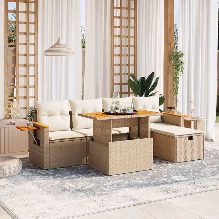 Set Divano da Giardino vidaXL 6 pz a Forma a L in Polyrattan con Cuscini Beige e Tavolino da Esterno