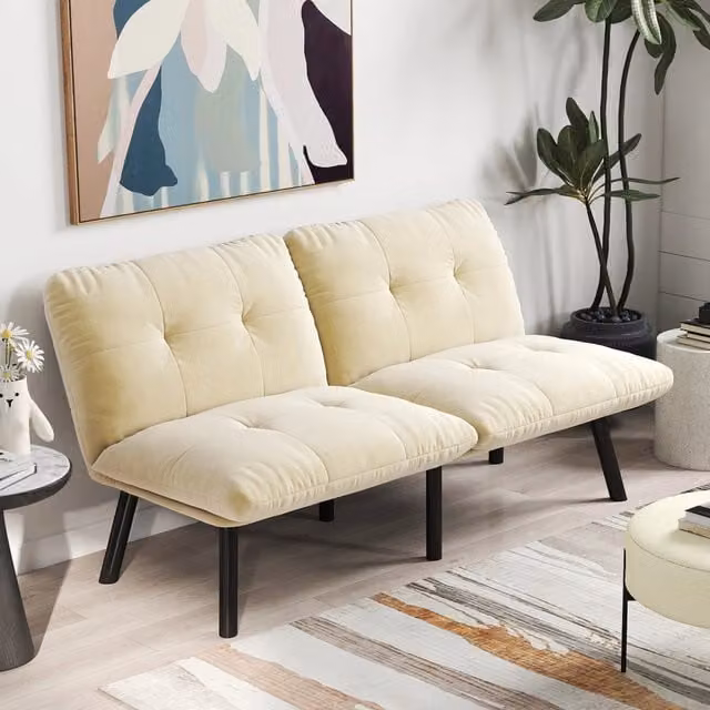 Divano letto pieghevole REDOM a 2 posti in velluto beige con struttura in metallo e imbottitura in schiuma per il tuo soggiorno