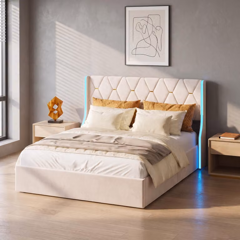 Letto matrimoniale con boxspring, dimensioni 160x200 cm, imbottito, con illuminazione a LED, struttura letto con contenitore e rete a doghe, adatto anche per ragazzi, colore beige