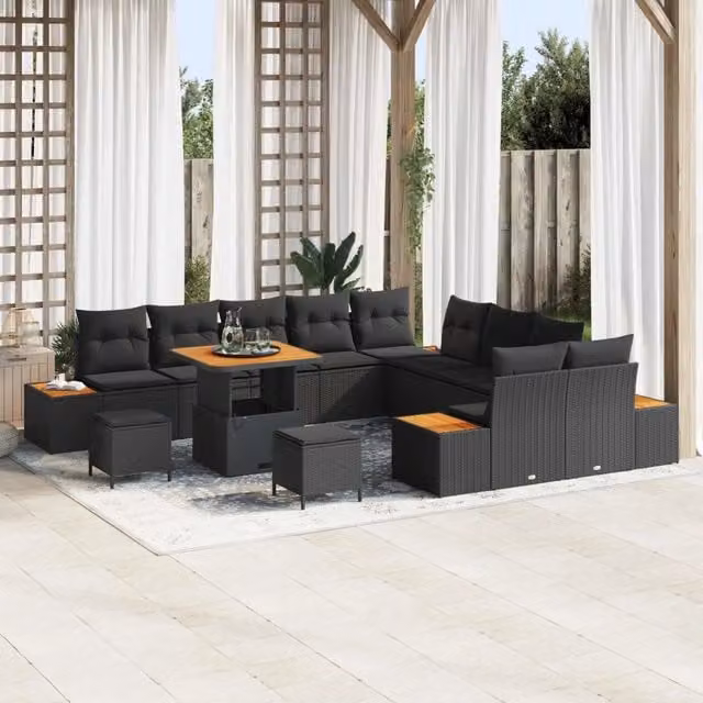 Set Divano da Giardino Moderno vidaXL in Polyrattan Nero con Cuscini e Tavolino a Forma a U