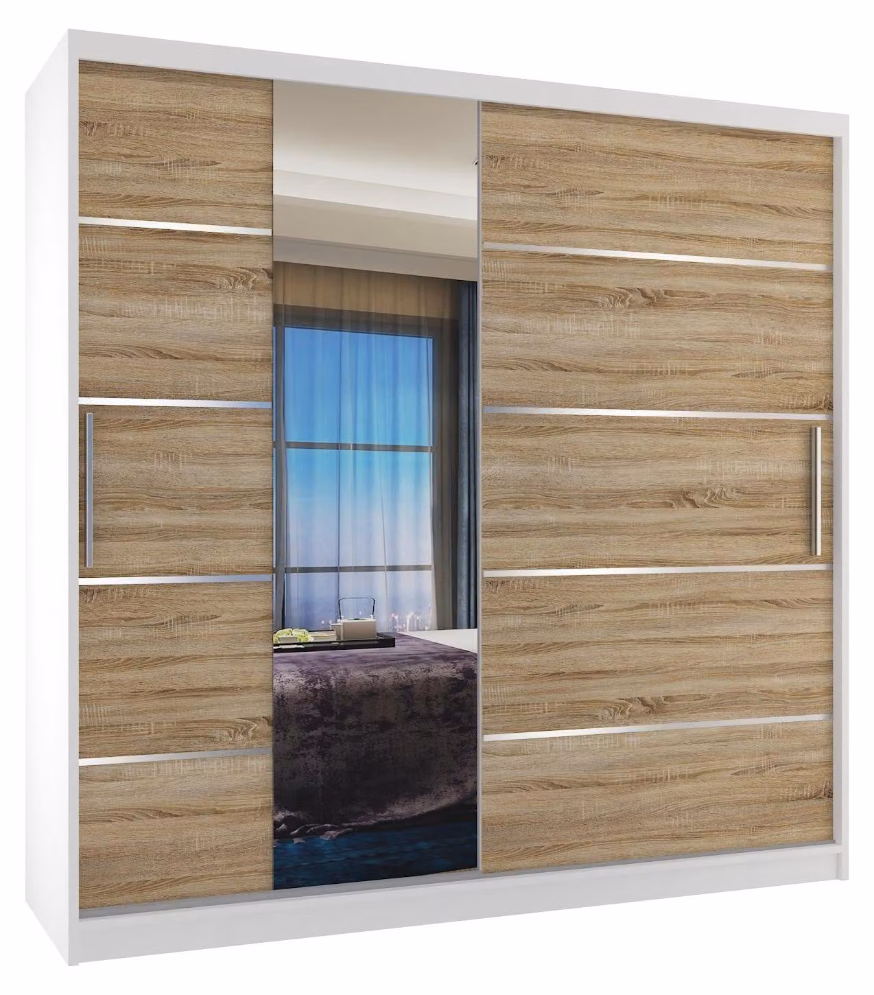 BELINI Verona, armadio scorrevole da 200 cm, bianco/effetto legno sonoma opaco - armadio con specchio e 2 cassetti, ideale per la camera da letto