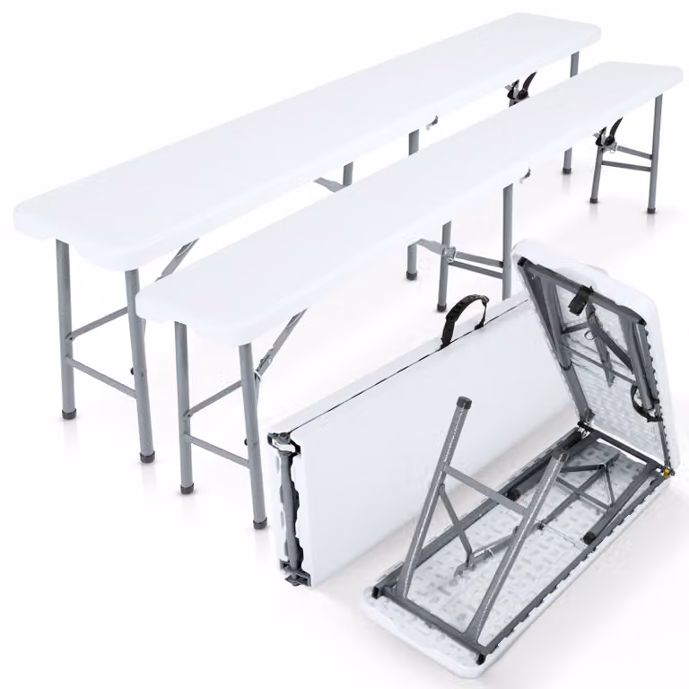 AREBOS 2x panca da birra pieghevole 183x28x43 cm pieghevole, campeggio e giardino, bianco