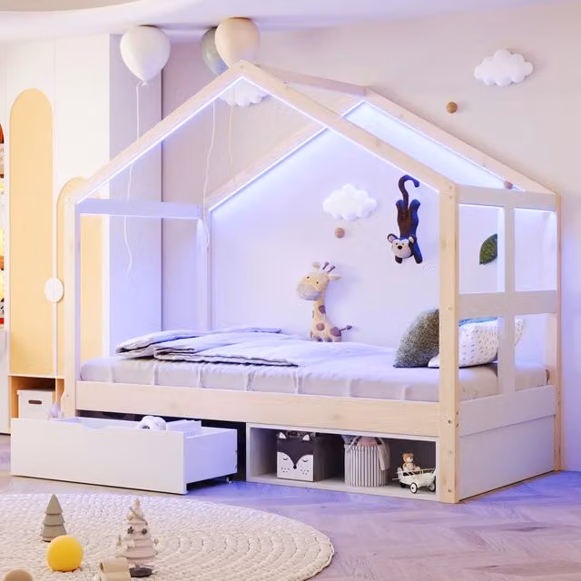 Letto in legno 90×190 cm color legno; cassetti; armadietto per scarpe; LED multicolore; base a listelle; letto singolo per bambini
