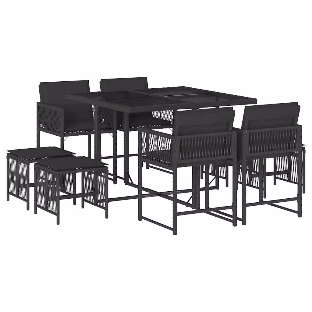vidaXL Set da Pranzo da Giardino 9 pz in Polyrattan Nero con Cuscini e Tavolo in Vetro – 2