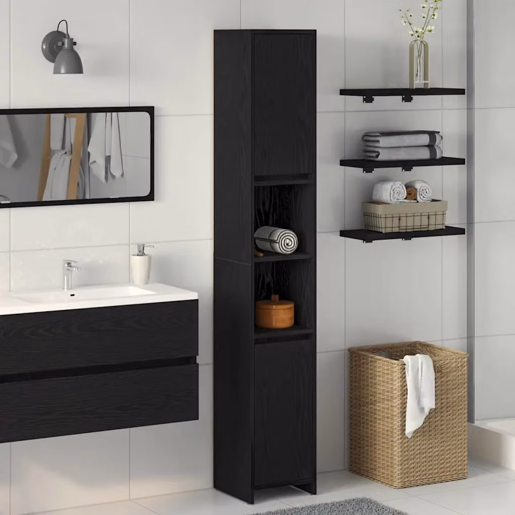 Mobile da bagno moderno vidaXL in legno nero con ante a battente e ripiani interni L/P/H: 30 x 30 x 183,5 cm