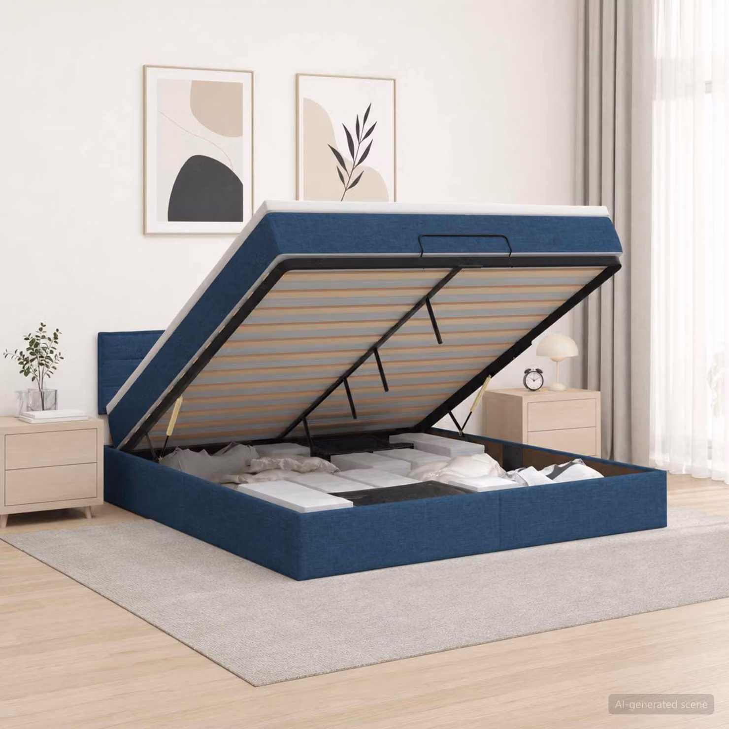 Letto ottomano con materasso vidaXL in tessuto blu, L 140 x P 200 cm
