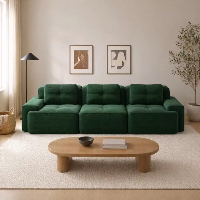 Divano modulare boneless in corduroy verde; seduta profonda 74 cm; 293x104x69 cm