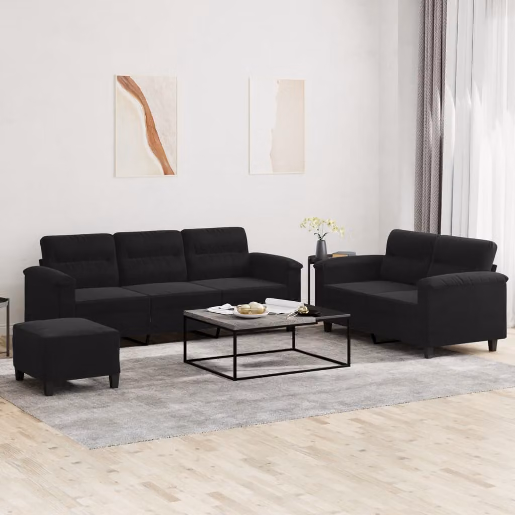 Set di Divani vidaXL 3 Pezzi Moderno in Microfibra Nera con Pouf e Cuscini per Soggiorno