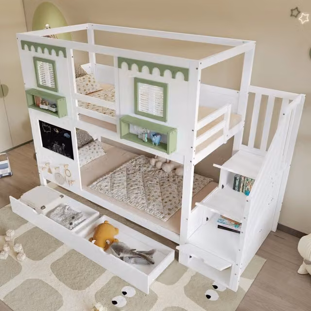 Letto a castello per bambini 90 × 200 cm 2 posti con scala contenitore, 2 cassetti e pannello forato, senza materasso