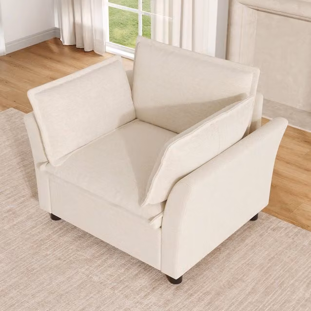 Poltrona singola con braccioli e 2 cuscini; ciniglia beige; 90 x 81 x 87 cm