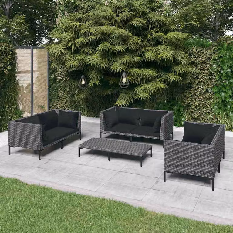 Set da giardino vidaXL composto da 7 pezzi con divani a L, tavolino e cuscini in rattan grigio e nero con struttura in acciaio verniciato a polvere