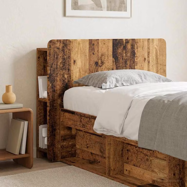 Testata del letto moderna vidaXL in legno ingegnerizzato e MDF marrone con ripiano integrato e scomparti laterali