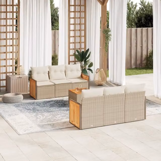 Set da giardino vidaXL in polyrattan composto da 7 pezzi con cuscini beige e tavolino da esterno – 1