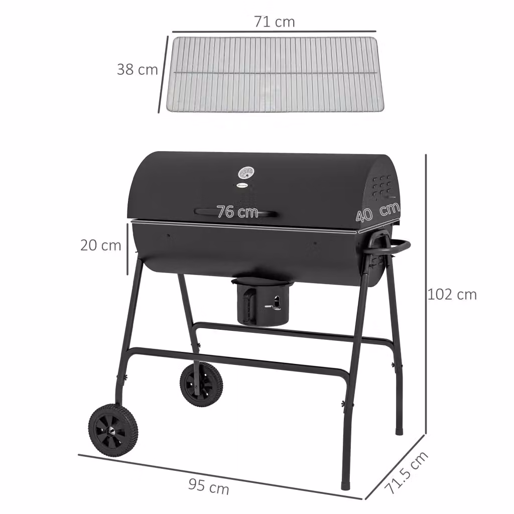 Barbecue a carbone WISHDOR in metallo nero con coperchio, termometro, griglia riscaldante e ruote, L: 95 cm, P: 71,5 cm, H: 102 cm – 2