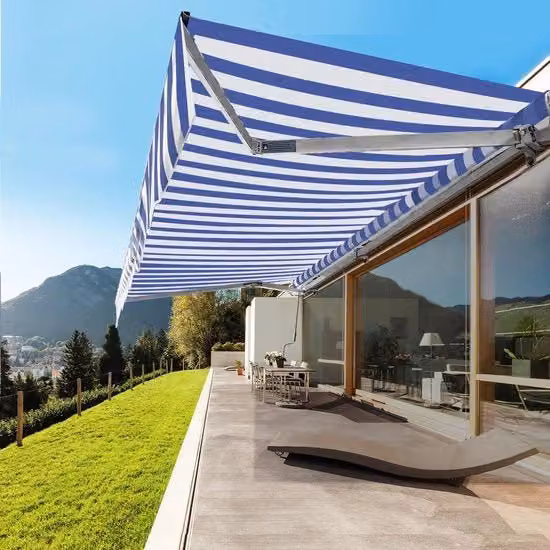 Ombrellone per balcone 350x300cm – Zonnescherm in alluminio – Braccio pieghevole con angolo – Ombrellone manuale - Blu/bianco