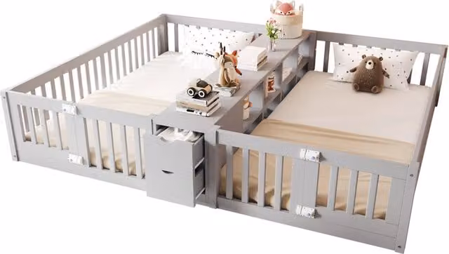 Letto a castello basso per bambini in legno grigio con sponde alte, ripiani e 2 cassetti, L/P/H: 200 x 90 x 173,5 cm
