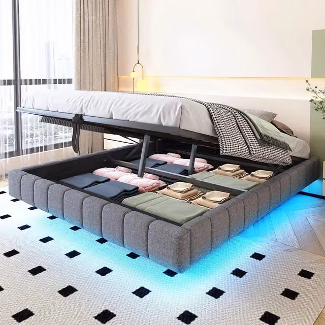 Letto-Xylo-160x200 cm-idraulico, LED, senza testiera, lino grigio