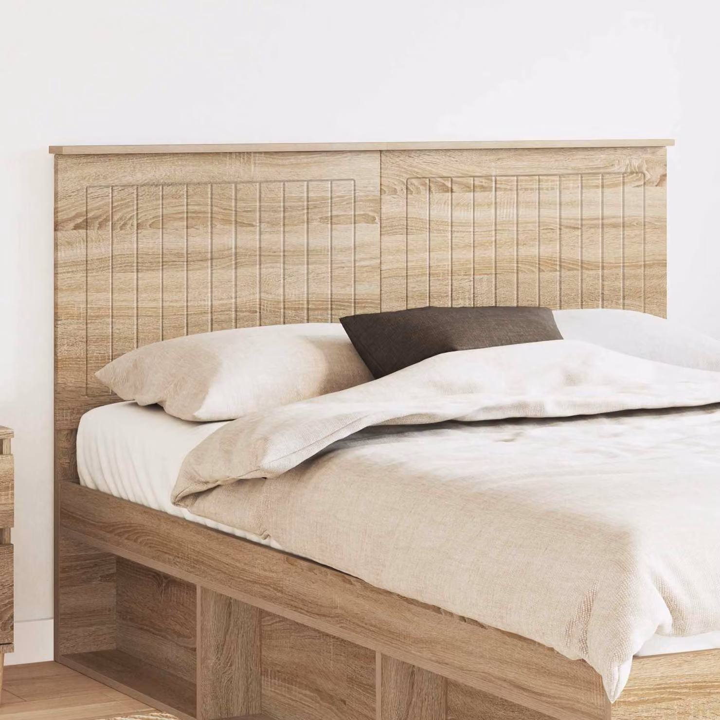 Testiera per letto moderna vidaXL in legno ingegnerizzato color rovere Sonoma, L: 143 cm, H: 7 cm, P: 13,26 cm