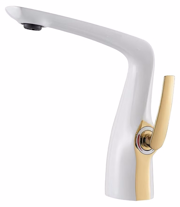 Miscelatore per lavabo in ottone massiccio, monocomando, bianco e oro, modello BS-301-WG