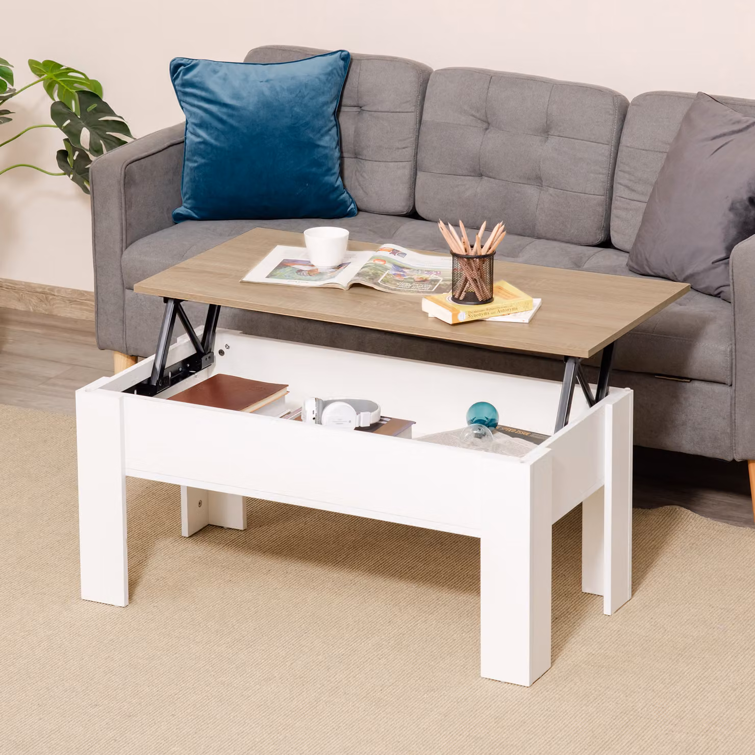 Tavolino da soggiorno HOMCOM con piano sollevabile e spazio di archiviazione nascosto, stile moderno, bianco, L: 100 cm, P: 50 cm, H: 45 cm – 2