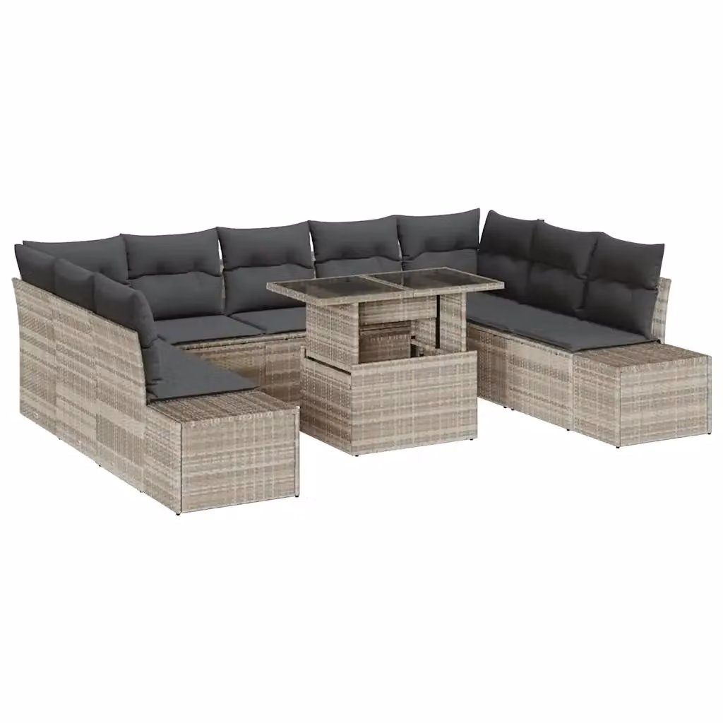 Set Divano da Giardino vidaXL 10 Pezzi a Forma di U Grigio con Tavolino e Cuscini in Polyrattan e Acciaio – 2