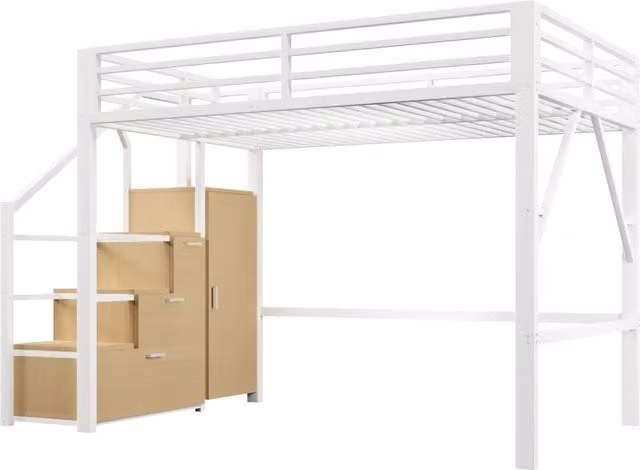 Letto a soppalco Chicfurn in metallo e MDF bianco con armadio, vani contenitore, illuminazione LED e scala, L/P: 140 x 200 cm