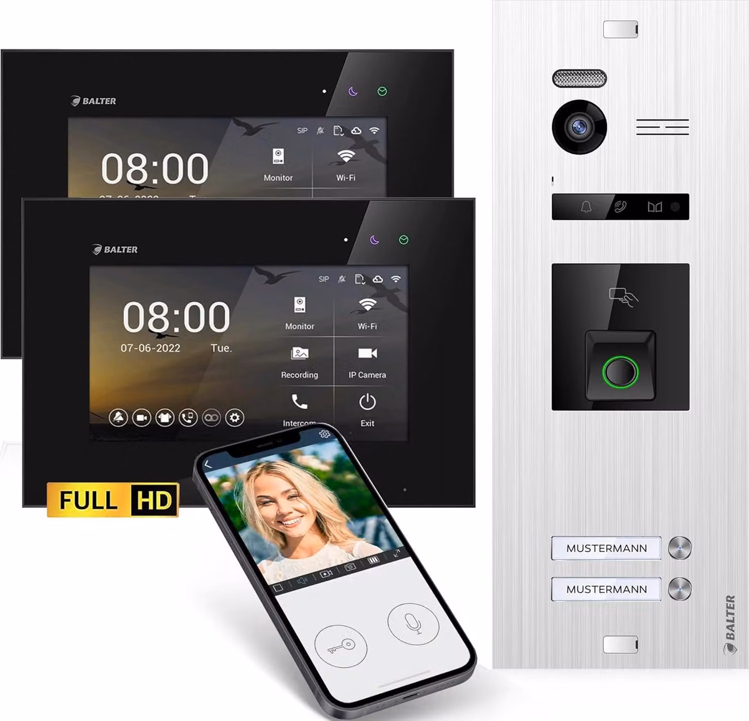 Videocitofono HD con impronta digitale RFID e app per smartphone per casa bifamiliare, 2x monitor, Balter EVO HD Fingerprint