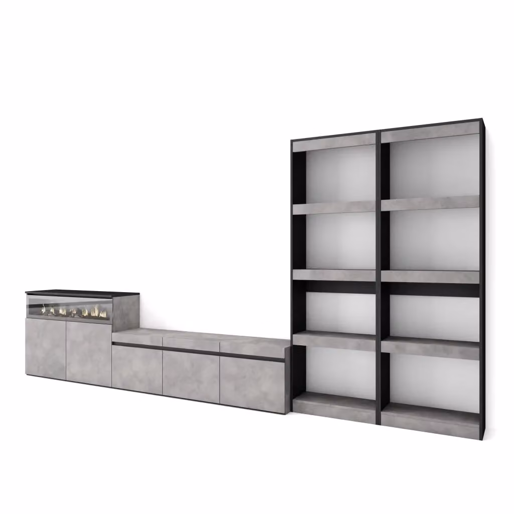 Mobile TV da soggiorno Skraut Home con camino elettrico e illuminazione integrata, grigio cemento, L: 370 cm, P: 35 cm, H: 186 cm – 2