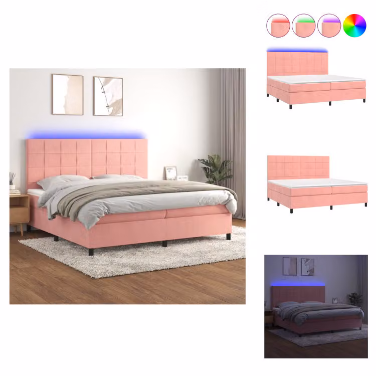 vidaXL Letto a molle con materasso e LED in velluto rosa 200x200 cm - Letti e strutture letto
