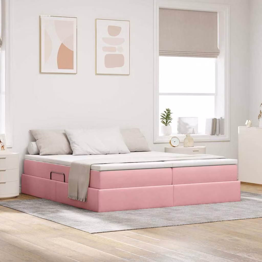 Letto con contenitore e materasso vidaXL in velluto rosa con struttura in metallo L/P/H: 180 x 200 x 204 cm – 1