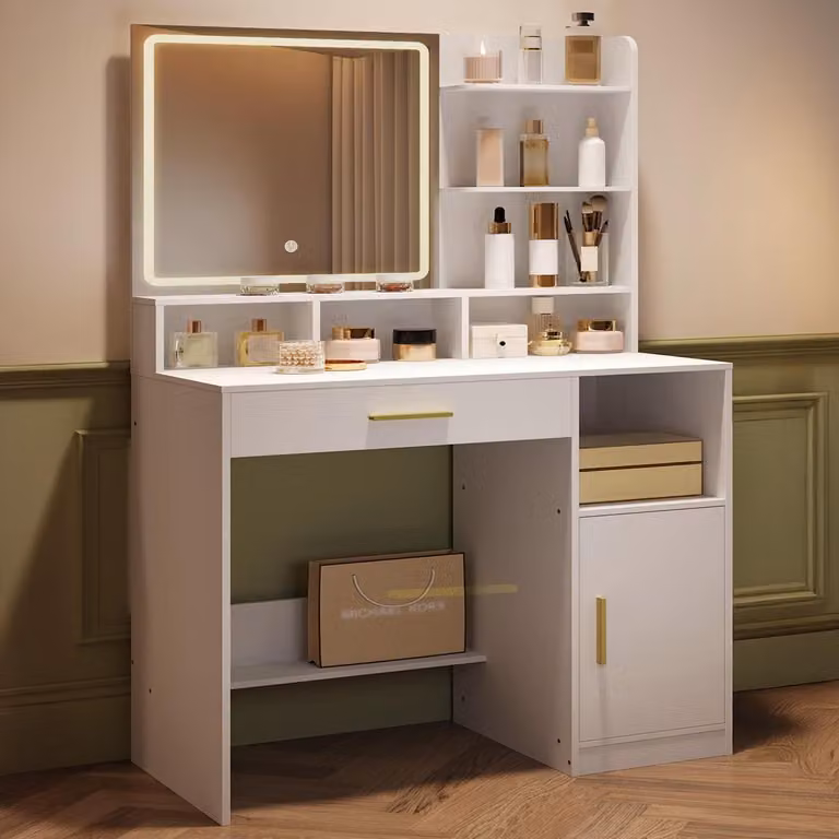 Comò da trucco con specchio e illuminazione a LED, bianco, dotato di 3 ripiani, 4 scomparti, un cassetto e un armadietto