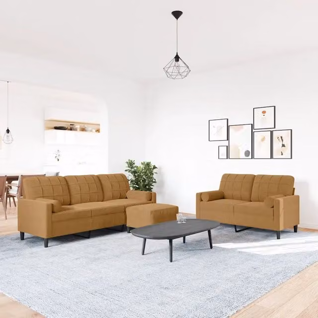 Set di divani moderno vidaXL in velluto marrone composto da divano a 3 posti, divano a 2 posti e pouf con cuscini inclusi e struttura in metallo