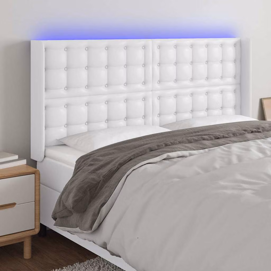 Testiera ad orecchio vidaXL in similpelle bianca con illuminazione integrata e porta di ricarica USB, L: 183 cm, P: 16 cm, H: 118/128 cm