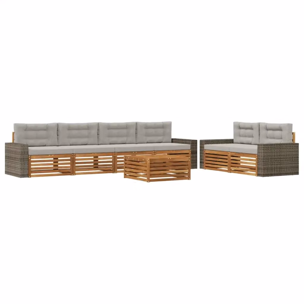 Set di mobili da esterno vidaXL composto da 7 pezzi con divano a 3 posti, tavolino da caffè e cuscini in tessuto beige e grigio con struttura in legno di acacia trattato – 2