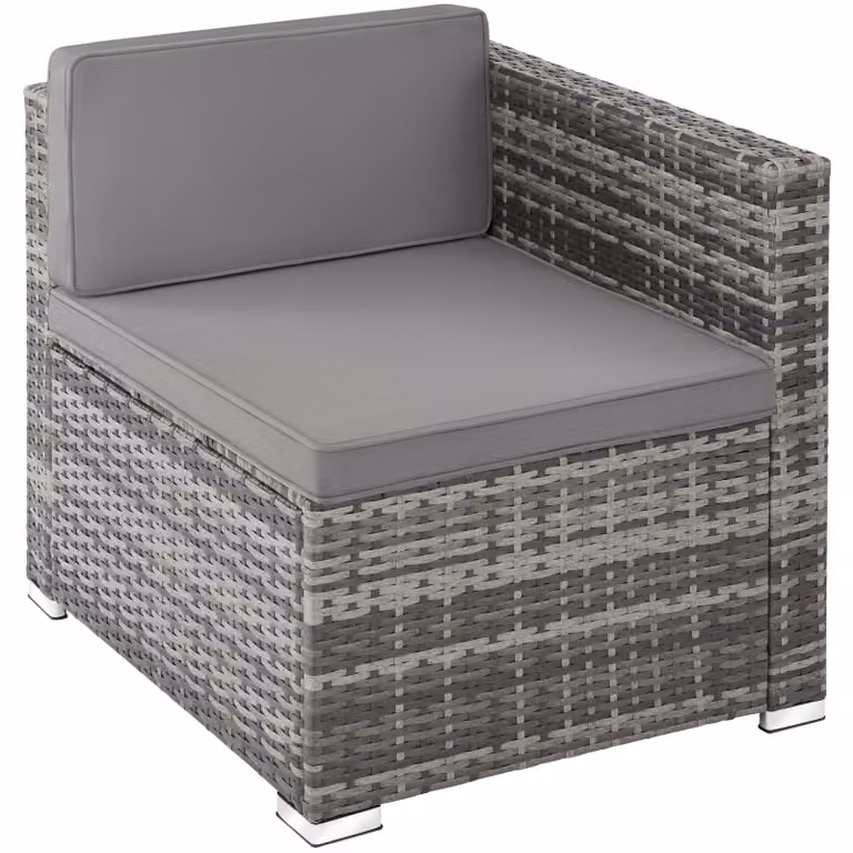 Set da giardino Tectake in rattan grigio con poltrone, elemento angolare, pouf e tavolino con piano in vetro