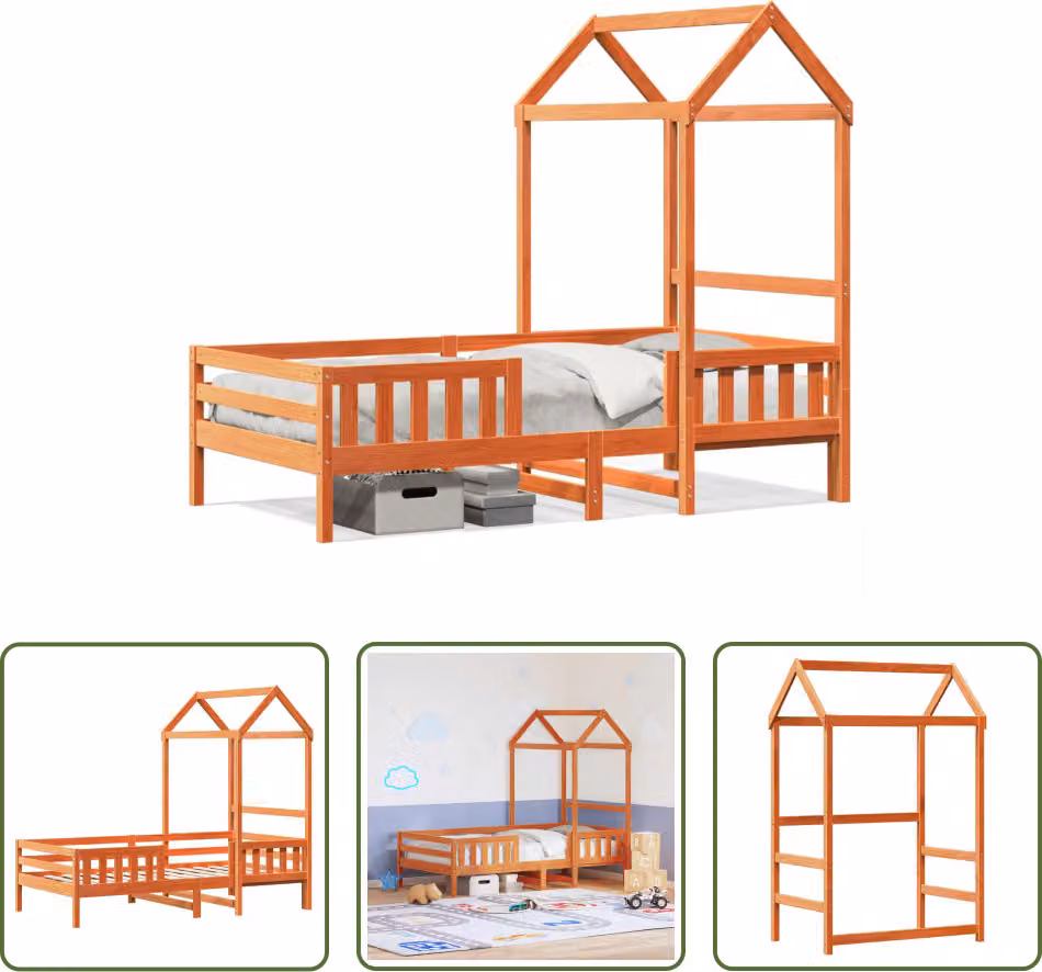 The Living Store letto in legno massiccio con tetto a cera marrone 90x190 cm pino