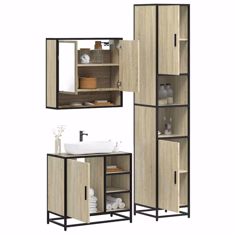 Set di mobili da bagno industrial vidaXL in legno e metallo, 3 pezzi, colore marrone e beige, con armadietto specchio, mobile lavabo e colonna alta