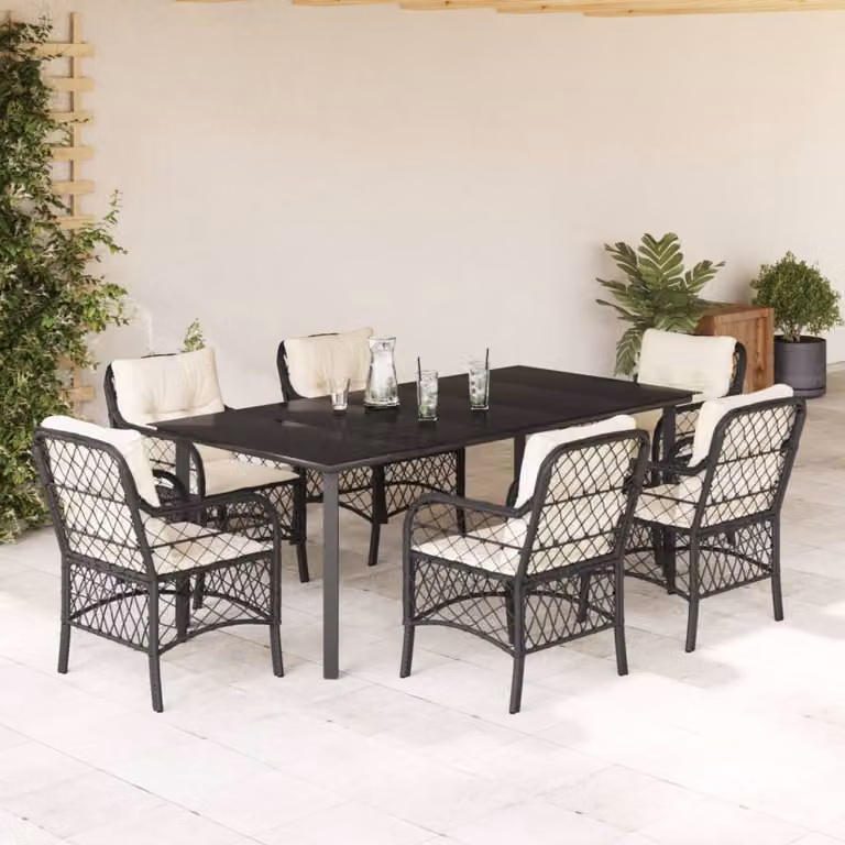 Set da Pranzo da Giardino vidaXL 7 pz in Polyrattan Nero con Piano in Vetro