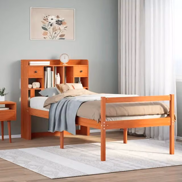 Letto Libreria VIDAXL in Pino Massiccio Marrone Cera con Ripiani e Doghe in Legno L: 75 cm, P: 190 cm, H: 110 cm