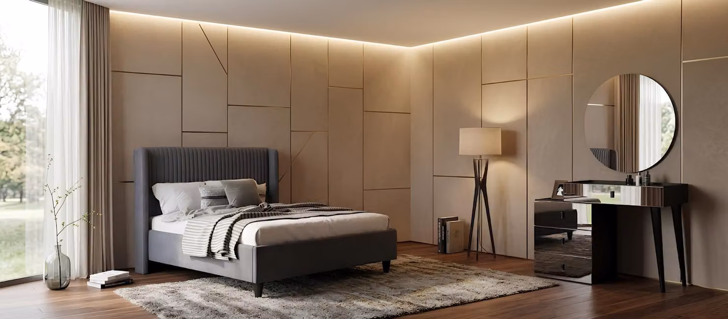 Set per camera da letto: letto, comò da trucco, colore nero, design moderno, confortevole, in legno
