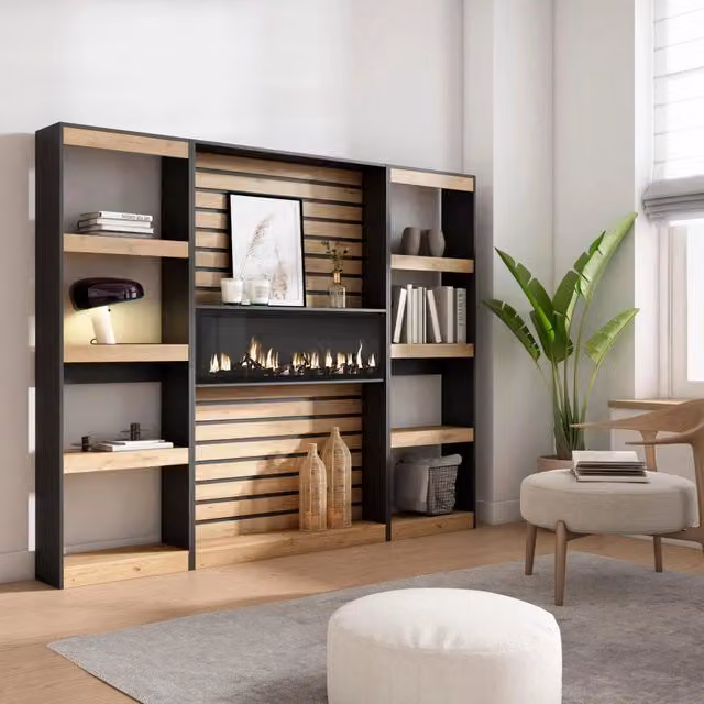 Libreria scaffale con camino elettrico SKRAUT HOME per soggiorno o ufficio, colore rovere e nero, L: 230 cm, P: 25 cm, H: 186 cm – 1